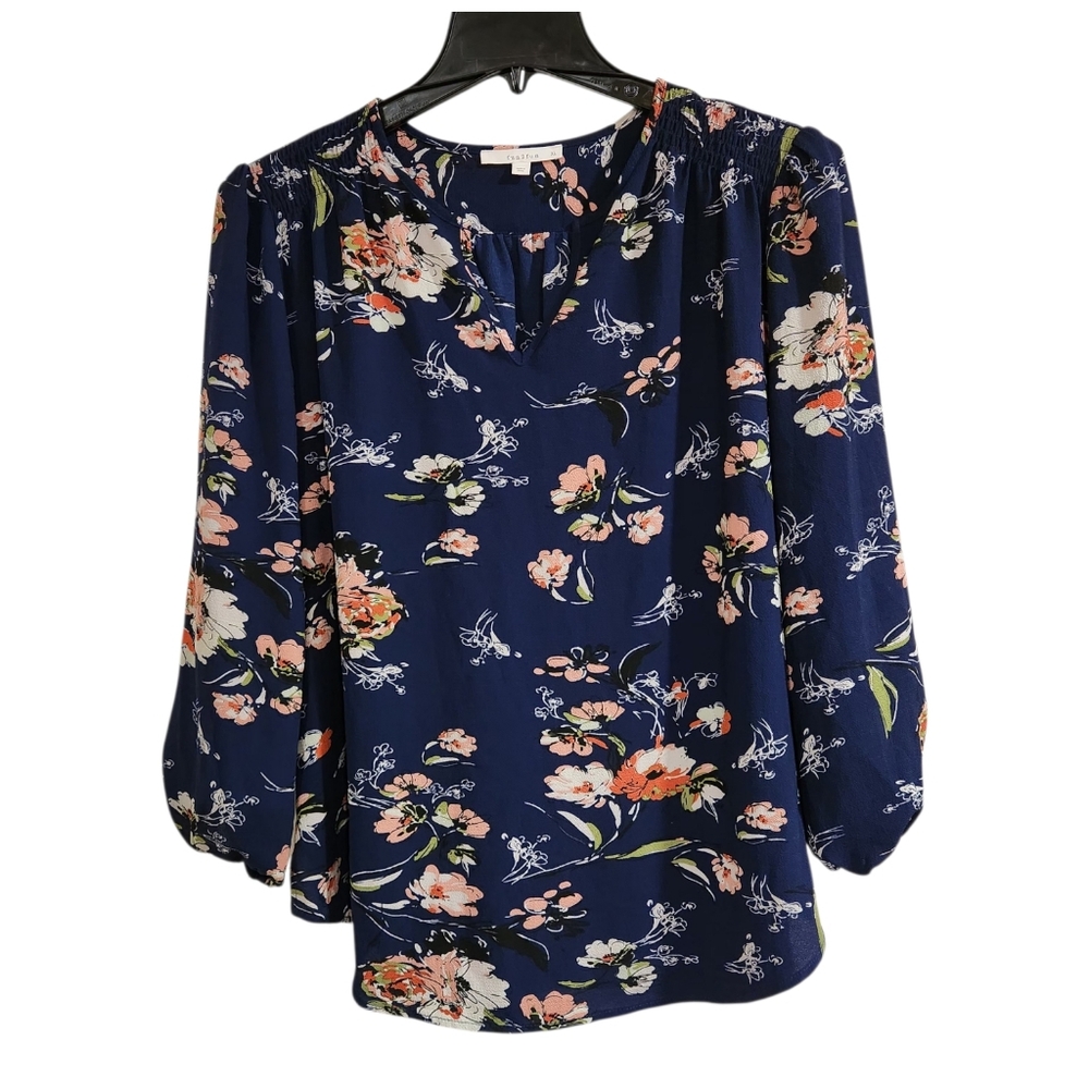 Fun 2 Fun Women's Sz XL Blouse Tunic  Navy Floral Long  Sleeve Lightweight